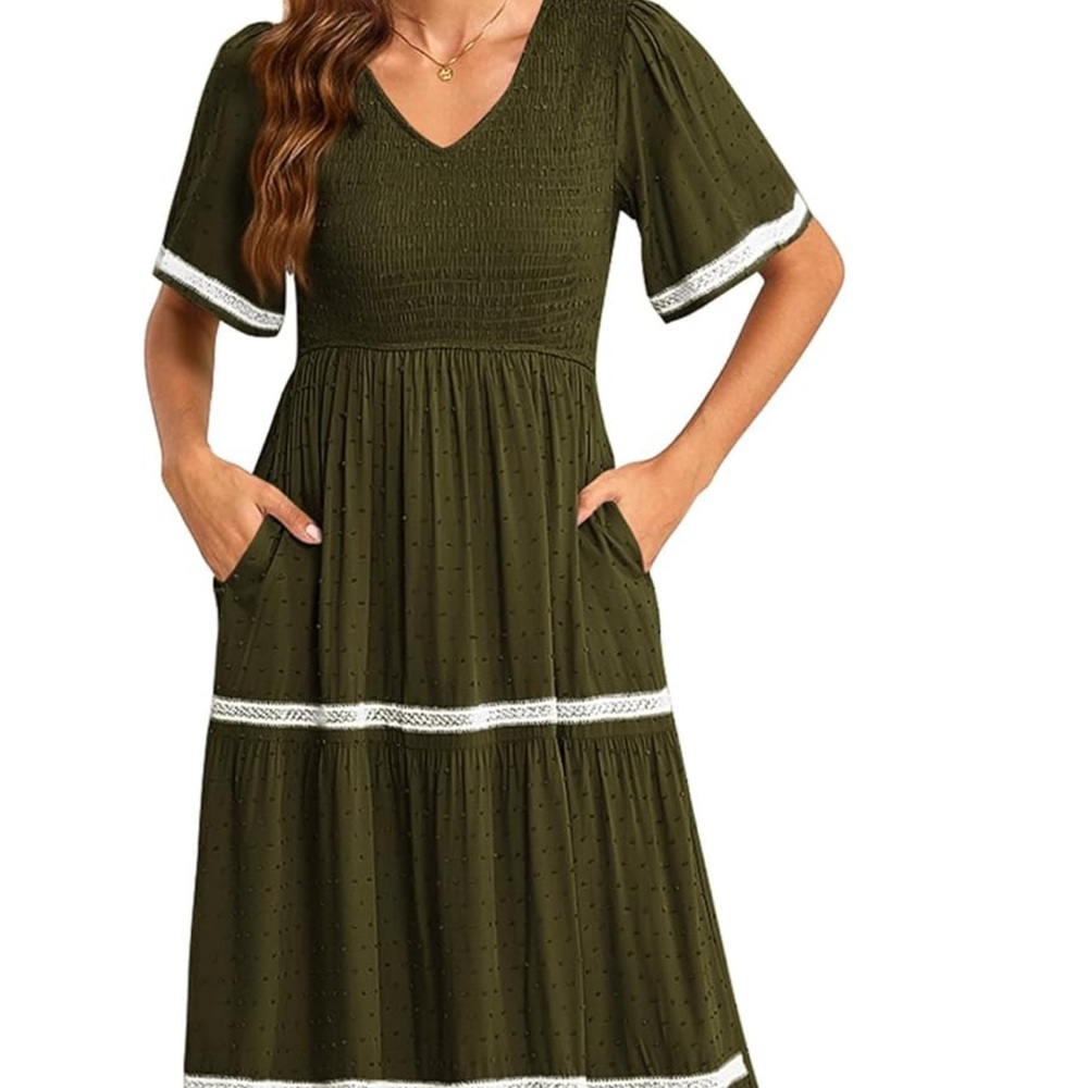 PRETTYGARDEN Womens Casual Summer Maxi Dress Short Sleeve Swiss Dot V Neck